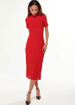 Women's Midi Dress in Red with High Neck, Short Sleeves, and Open Back Detail - Liquorish