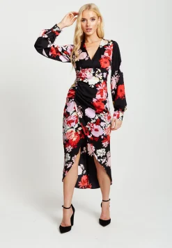 Women's Midi Dress in Red and Pink with Long Balloon Sleeves - Liquorish