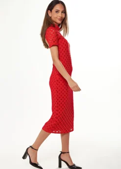 Women's Midi Dress in Red with High Neck, Short Sleeves, and Open Back Detail - Liquorish