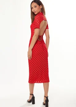 Women's Midi Dress in Red with High Neck, Short Sleeves, and Open Back Detail - Liquorish