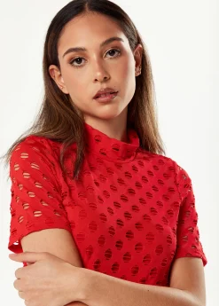 Women's Midi Dress in Red with High Neck, Short Sleeves, and Open Back Detail - Liquorish
