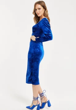 Women's Midi Dress in Royal Blue Velvet with Corset Style and Long Balloon Sleeves