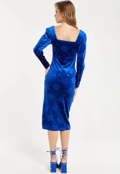 Women's Midi Dress in Royal Blue Velvet with Corset Style and Long Balloon Sleeves
