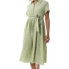 Women's Midi Dress in Sage Green with Cherry Print and Short Sleeves, Button Up Front, Tie Waist - Liquorish