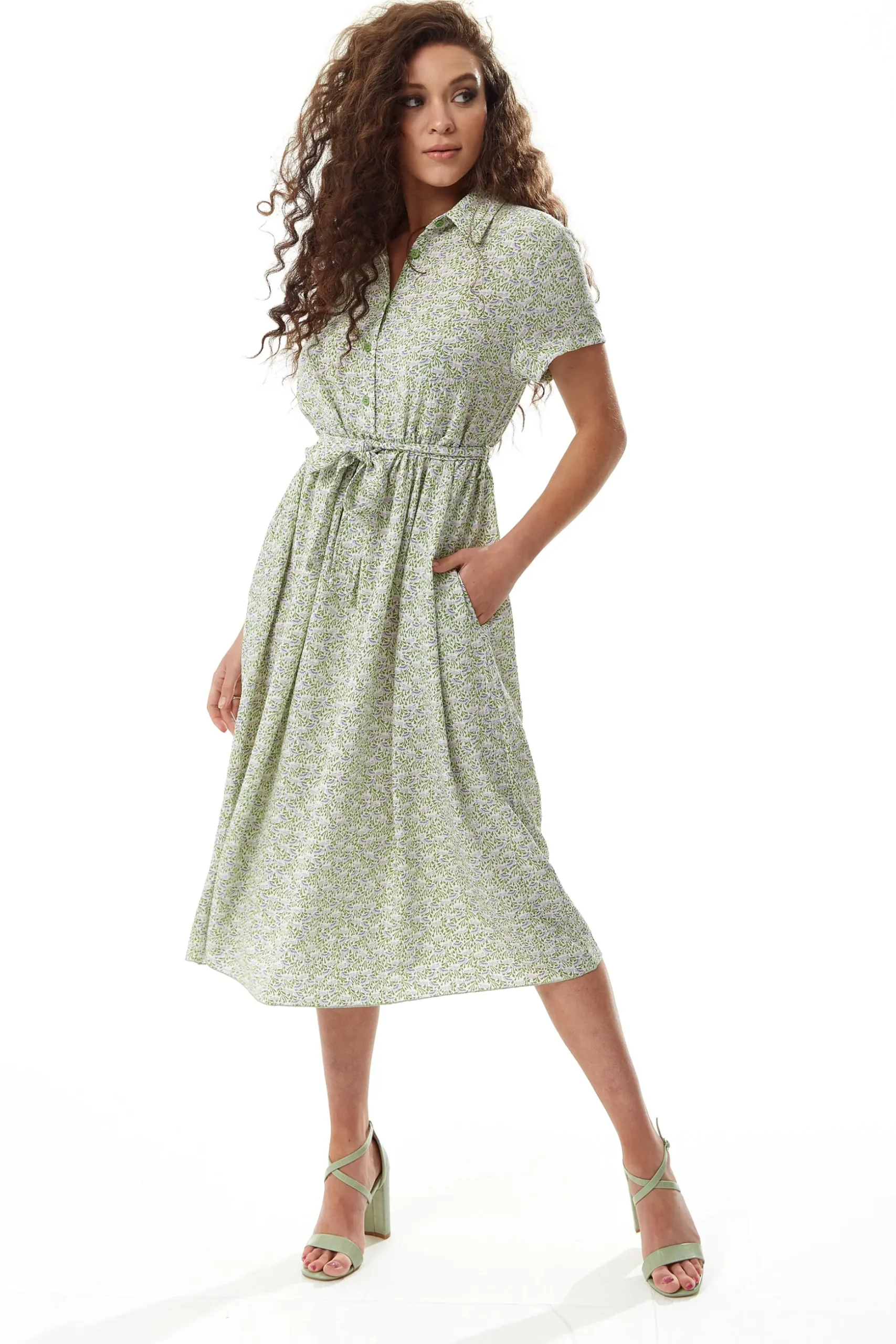 Women's Midi Dress in Sage and Purple Floral with Short Sleeves - Button Up and Tie Waist by Liquorish