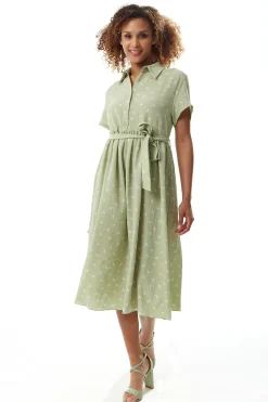 Women's Midi Dress in Sage Green with Cherry Print and Short Sleeves, Button Up Front, Tie Waist - Liquorish