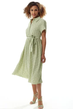 Women's Midi Dress in Sage Green with Cherry Print and Short Sleeves, Button Up Front, Tie Waist - Liquorish