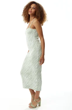 Women’s Midi Dress in Sage Green with White Zebra Print - Sleeveless, Fitted Style, Comfortable Knitted Fabric