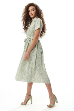 Women's Midi Dress in Sage and Purple Floral with Short Sleeves - Button Up and Tie Waist by Liquorish