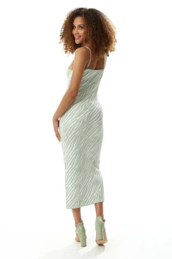 Women’s Midi Dress in Sage Green with White Zebra Print - Sleeveless, Fitted Style, Comfortable Knitted Fabric