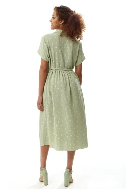 Women's Midi Dress in Sage Green with Cherry Print and Short Sleeves, Button Up Front, Tie Waist - Liquorish