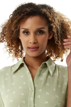 Women's Midi Dress in Sage Green with Cherry Print and Short Sleeves, Button Up Front, Tie Waist - Liquorish