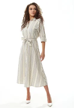 Women's Midi Dress in White with Long Sleeves and Navy Stripes - Elegant Button Up Style by Liquorish