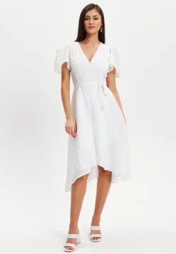 Women's Midi Dress in White with Angel Sleeves - Elegant Checkered Wrap Design by Liquorish