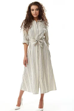 Women's Midi Dress in White with Long Sleeves and Navy Stripes - Elegant Button Up Style by Liquorish