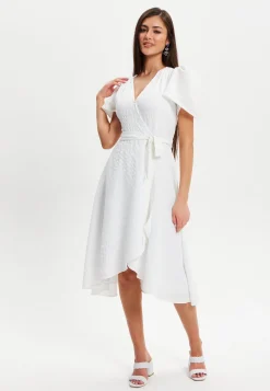 Women's Midi Dress in White with Angel Sleeves - Elegant Checkered Wrap Design by Liquorish