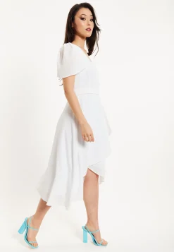 Women's Midi Dress in White with Angel Sleeves for Timeless Elegance - Liquorish