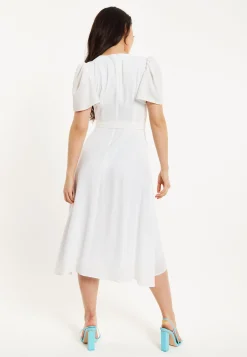 Women's Midi Dress in White with Angel Sleeves for Timeless Elegance - Liquorish