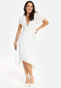 Women's Midi Dress in White with Angel Sleeves for Timeless Elegance - Liquorish