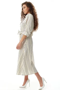Women's Midi Dress in White with Long Sleeves and Navy Stripes - Elegant Button Up Style by Liquorish