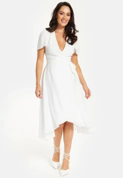 Women's Midi Dress in White with Angel Sleeves for Timeless Elegance - Liquorish