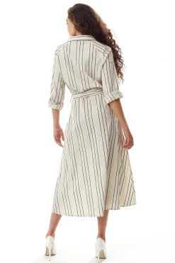Women's Midi Dress in White with Long Sleeves and Navy Stripes - Elegant Button Up Style by Liquorish