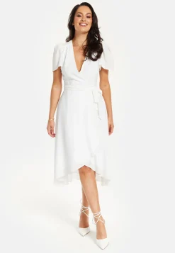 Women's Midi Dress in White with Angel Sleeves for Timeless Elegance - Liquorish