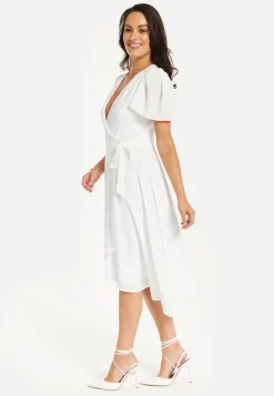 Women's Midi Dress in White with Angel Sleeves for Timeless Elegance - Liquorish