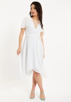 Women's Midi Dress in White with Angel Sleeves for Timeless Elegance - Liquorish