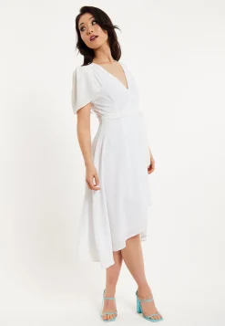 Women's Midi Dress in White with Angel Sleeves for Timeless Elegance - Liquorish