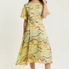 Women's Midi Dress in Yellow with Kimono Sleeves and Abstract Zebra Print - Liquorish