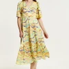 Women's Midi Dress in Yellow with Kimono Sleeves and Abstract Zebra Print - Liquorish