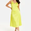 Women's Midi Dress in Yellow Satin with Spaghetti Straps and Deep V Neck - Liquorish