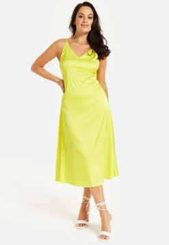 Women's Midi Dress in Yellow Satin with Spaghetti Straps and Deep V Neck - Liquorish