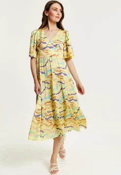 Women's Midi Dress in Yellow with Kimono Sleeves and Abstract Zebra Print - Liquorish