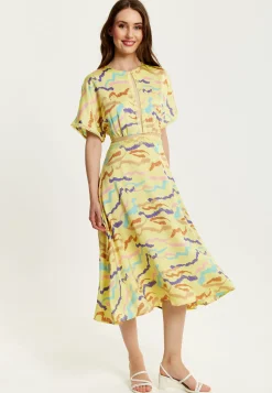 Women's Midi Dress in Yellow with Kimono Sleeves and Abstract Zebra Print - Liquorish