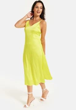 Women's Midi Dress in Yellow Satin with Spaghetti Straps and Deep V Neck - Liquorish