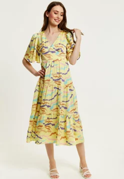 Women's Midi Dress in Yellow with Kimono Sleeves and Abstract Zebra Print - Liquorish