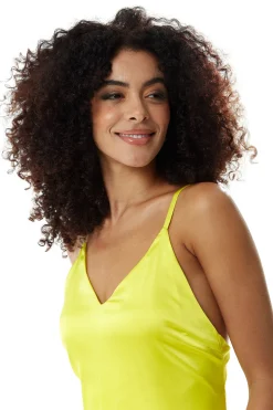 Women's Midi Dress in Yellow Satin with Spaghetti Straps and Deep V Neck - Liquorish