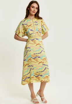 Women's Midi Dress in Yellow with Kimono Sleeves and Abstract Zebra Print - Liquorish