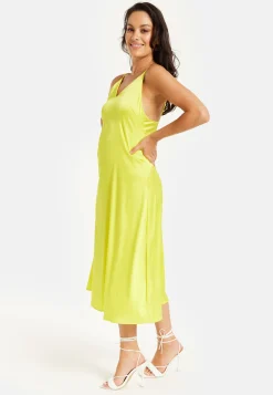 Women's Midi Dress in Yellow Satin with Spaghetti Straps and Deep V Neck - Liquorish