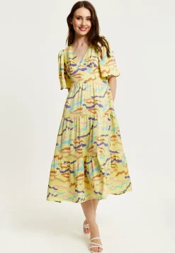 Women's Midi Dress in Yellow with Kimono Sleeves and Abstract Zebra Print - Liquorish