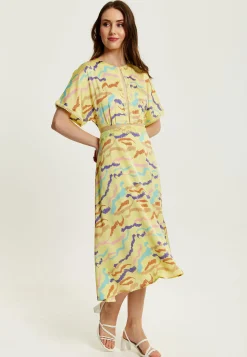 Women's Midi Dress in Yellow with Kimono Sleeves and Abstract Zebra Print - Liquorish