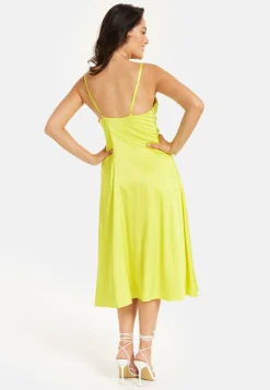 Women's Midi Dress in Yellow Satin with Spaghetti Straps and Deep V Neck - Liquorish