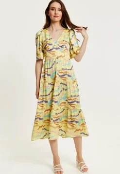 Women's Midi Dress in Yellow with Kimono Sleeves and Abstract Zebra Print - Liquorish