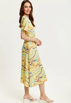 Women's Midi Dress in Yellow with Kimono Sleeves and Abstract Zebra Print - Liquorish