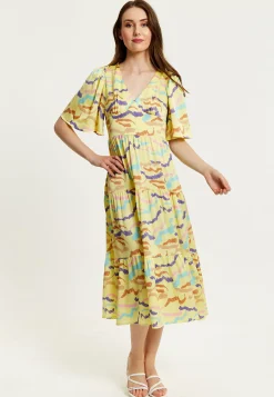 Women's Midi Dress in Yellow with Kimono Sleeves and Abstract Zebra Print - Liquorish
