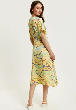 Women's Midi Dress in Yellow with Kimono Sleeves and Abstract Zebra Print - Liquorish