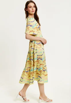 Women's Midi Dress in Yellow with Kimono Sleeves and Abstract Zebra Print - Liquorish