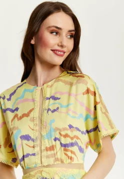 Women's Midi Dress in Yellow with Kimono Sleeves and Abstract Zebra Print - Liquorish